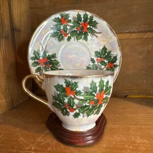 Vintage Iridescent Holly & Berry Tea Cup and Saucer